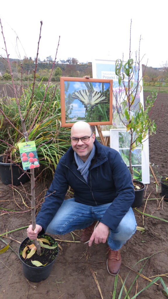 Thomas im Garten. Hält einen kleinen Baum und schaut erfreut. Im Hintergrund ein Feld, davor ein Bild vom Apollo-falter